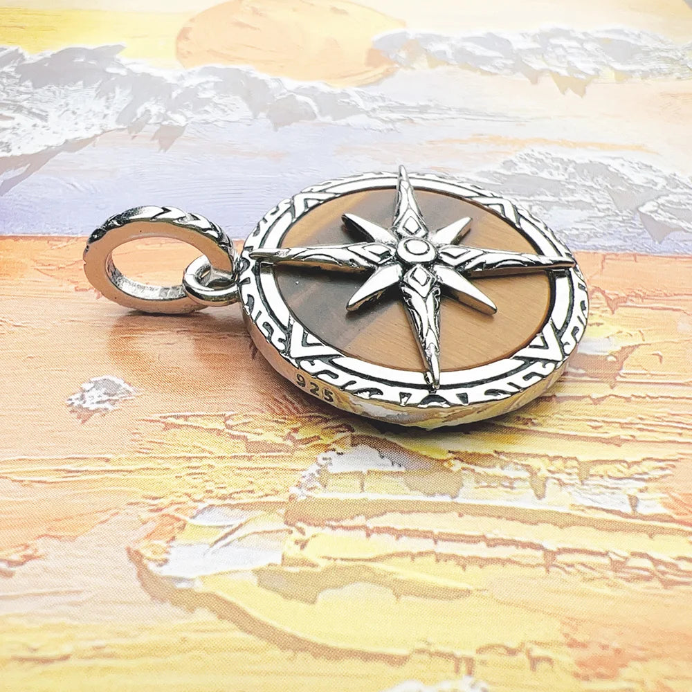 Brie & Marie Compass Pendant with Tiger Eye – 925 Sterling Silver Vintage Talisman Necklace
