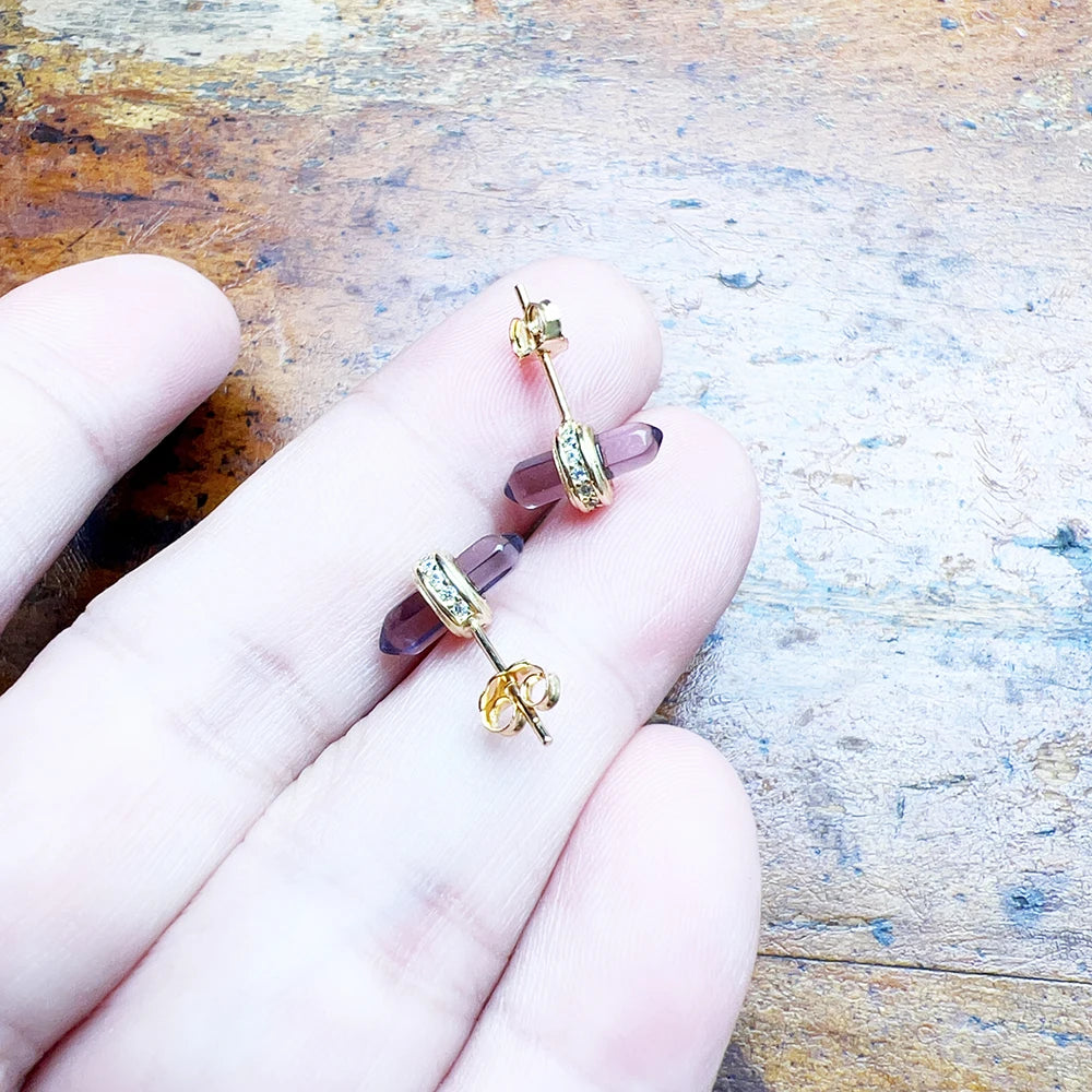 Amethyst Crystal Stud Earrings – 18K Gold Plated 925 Sterling Silver Bohemian Jewelry