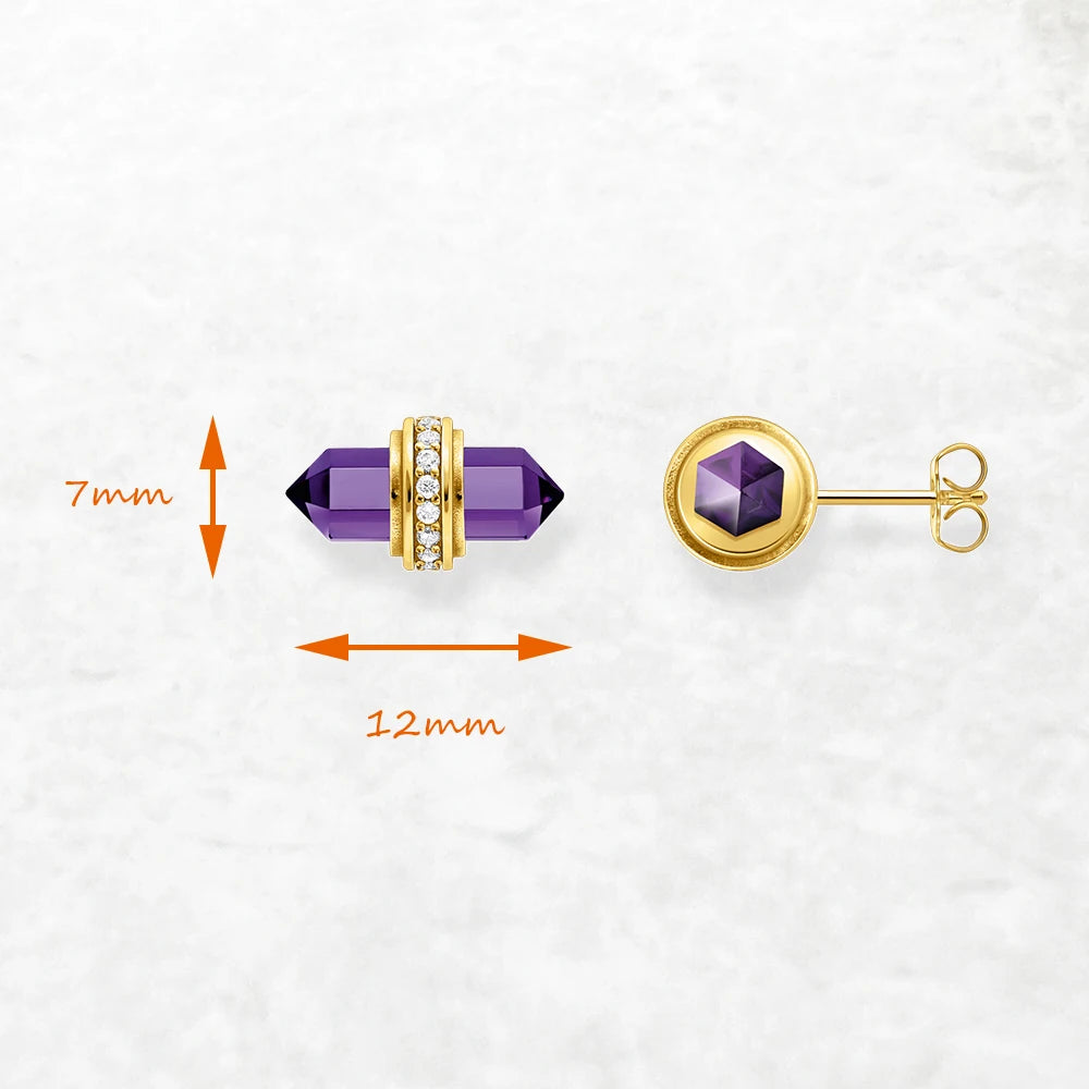 Amethyst Crystal Stud Earrings – 18K Gold Plated 925 Sterling Silver Bohemian Jewelry