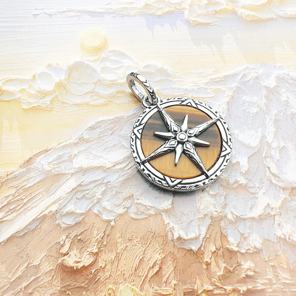 Brie & Marie Compass Pendant with Tiger Eye – 925 Sterling Silver Vintage Talisman Necklace
